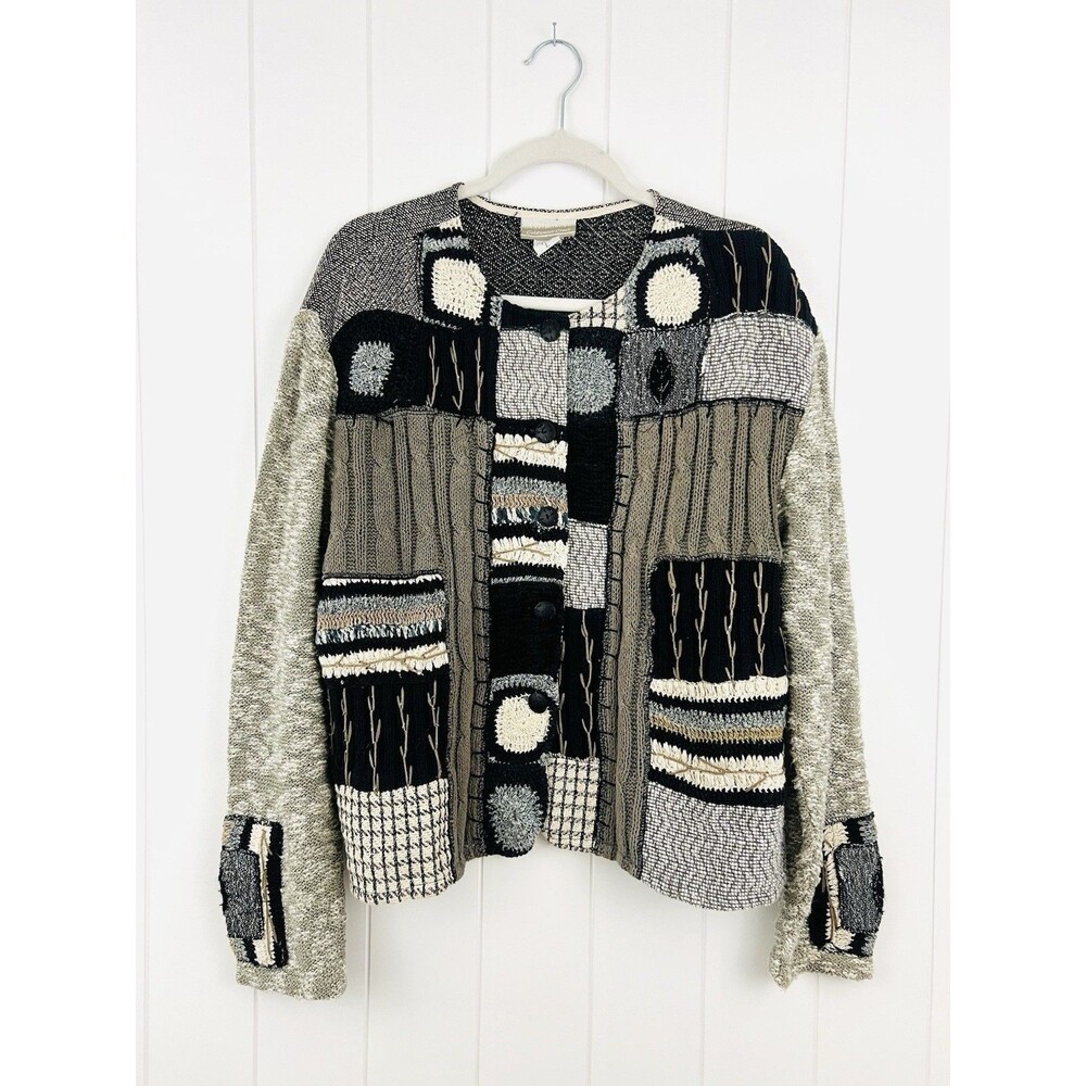 Beautiful Coldwater Creek Mixed Media Patchwork Sweater Jacket Boho Art Deco Lrg